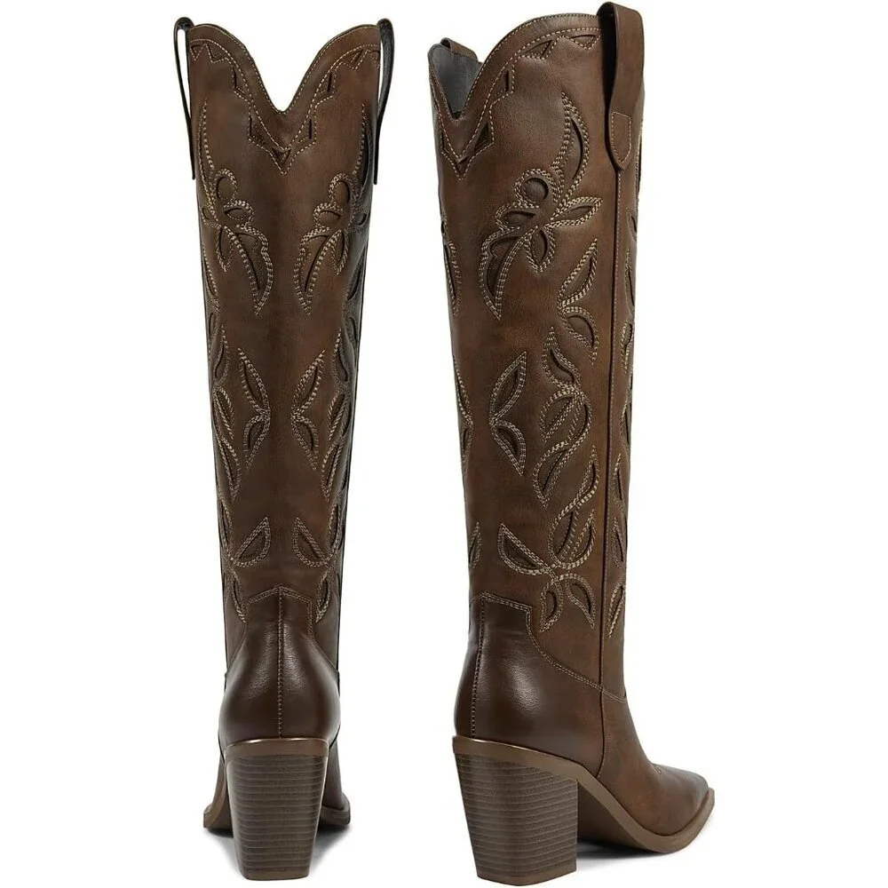 Women Knee Dark Brown Faux Leather Pull On Tab Chunky Heel Pointed Toe Boots